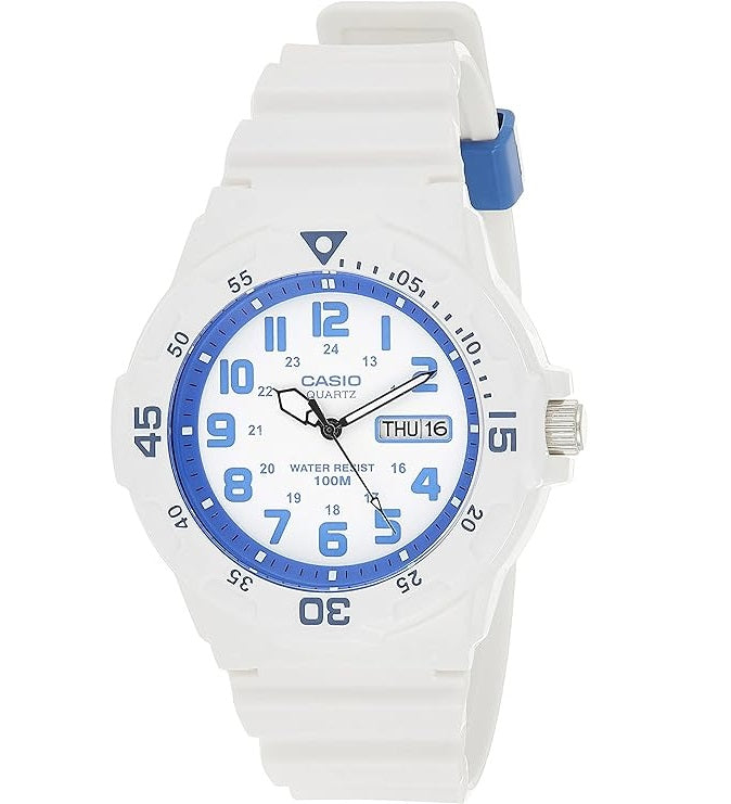 Casio Quartz White and Blue Analogue Watch White Strap (Parallel Import)