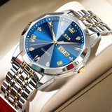 OLEVS Men's Diamond Analog Quartz Watch - Blue-Gold