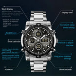 OLEVS Men's Multifunctional Digital Analog Watch - Silver & Black