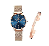 OLEVS Women's Luxury Watch Set - Rose Gold & Blue