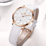 OLEVS Women's Ultra Thin Leather Watch - White