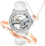 OLEVS Women's White Leather Strap Skeleton Watch Set