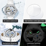 OLEVS Women's White Leather Strap Skeleton Watch Set
