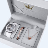 OLEVS Women's White Leather Strap Skeleton Watch Set