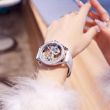 OLEVS Women's White Leather Strap Skeleton Watch Set