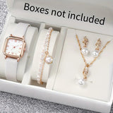 Casual Women's Quartz Watch & Faux Pearl Jewelry Set