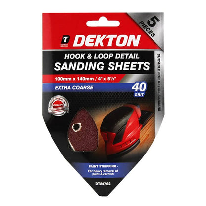 DEKTON 5PC Hook and Loop Detail Sanding Sheets 100mm x 140mm - Extra Coarse 40 Grit