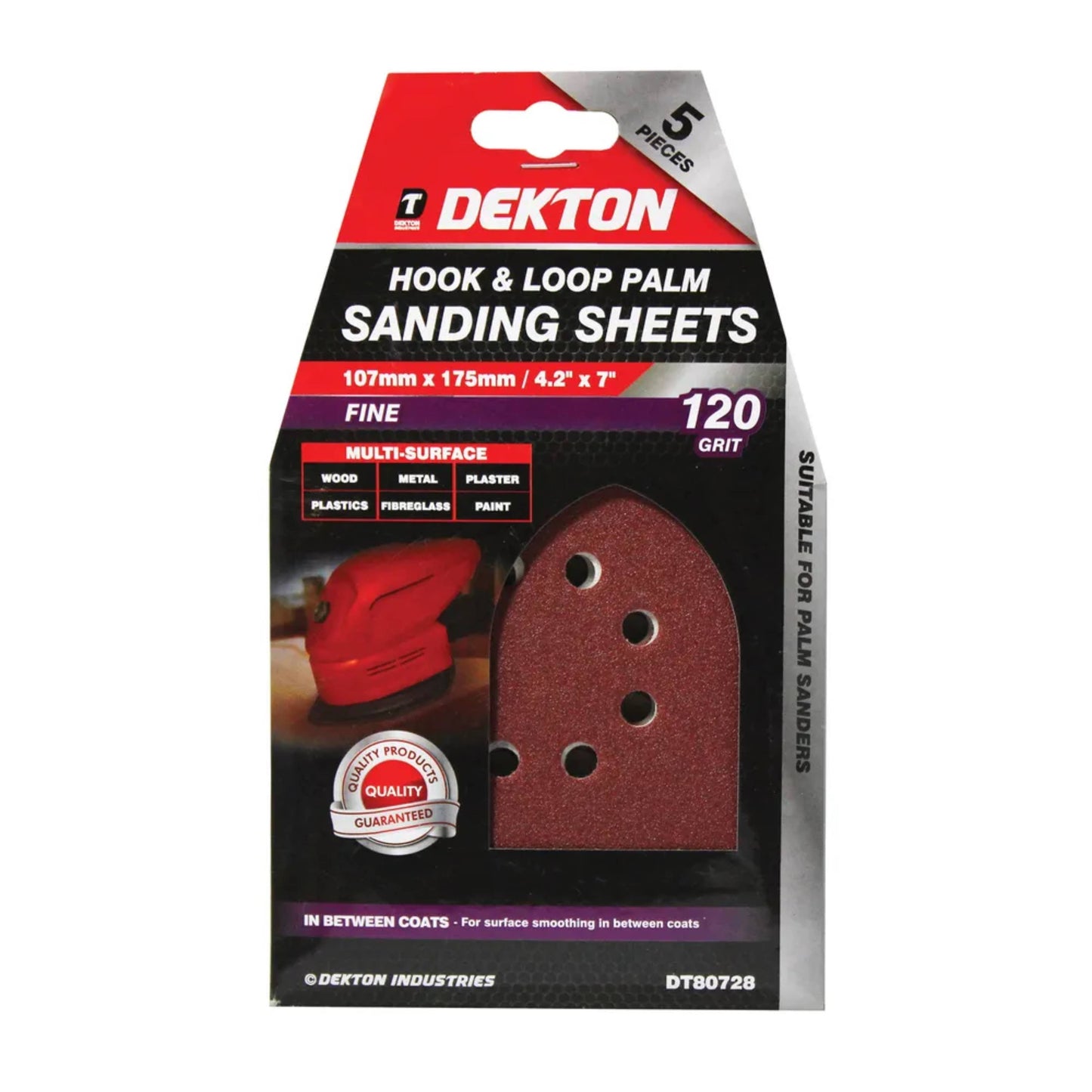 DEKTON 5PC Hook and Loop Palm Sanding Sheets 107mm x 175mm - Fine 120 Grit