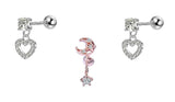 Stainless Steel 3 Piece Heart & Moon Cartilage Stud