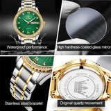 OLEVS Men's Diamond Dial Dual Calendar Quartz Watch - Green & Gold