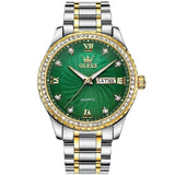 OLEVS Men's Diamond Dial Dual Calendar Quartz Watch - Green & Gold